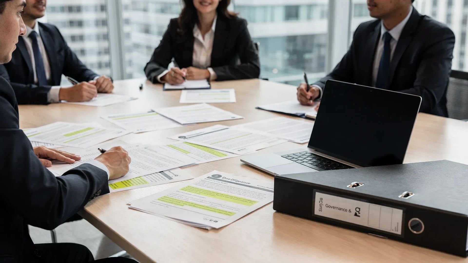 Eine Szene in einem Besprechungsraum: Ein Deal-Team betrachtet ausgedruckte Due-Diligence-Ergebnisse mit markierten Quellenhinweisen; daneben ein Laptop (Bildschirm nach vorne ausgerichtet, ohne sichtbare Inhalte) und ein Ordner mit der Aufschrift „Governance & QA“.