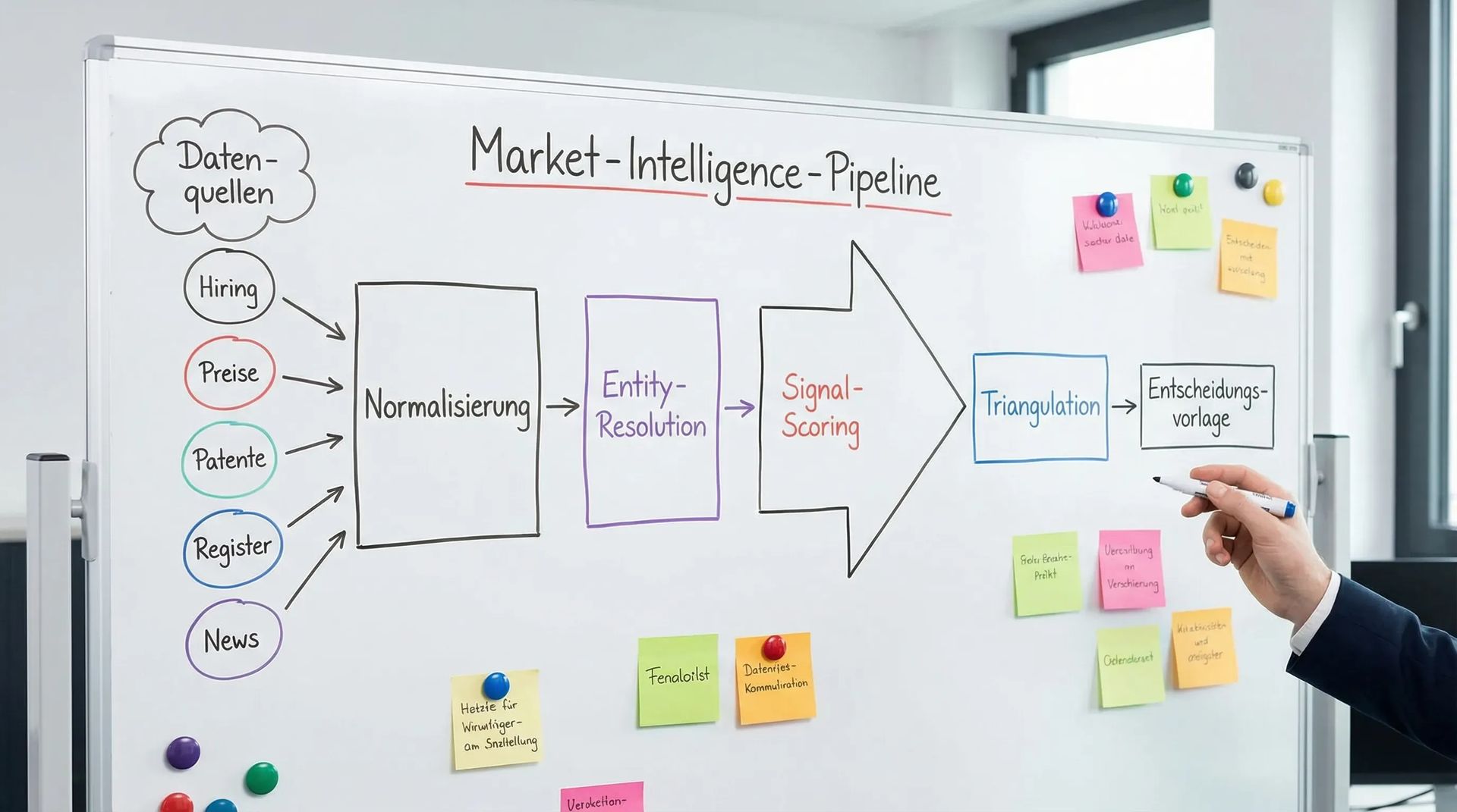 Ein Analystenteam in einem Besprechungsraum bewertet ausgedruckte Signal-Summaries und Quellen-Auszüge auf Papier, mit Markierungen und Notizen, Fokus auf evidenzbasierte Entscheidungsvorbereitung.