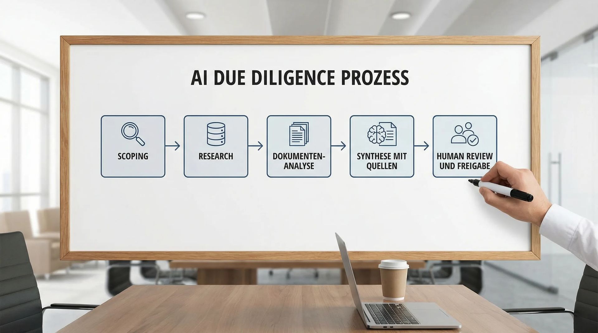 Ein übersichtliches Prozessdiagramm mit fünf Schritten für AI Due Diligence: Scoping, Research, Dokumenten-Analyse, Synthese mit Quellen, Human Review und Freigabe.