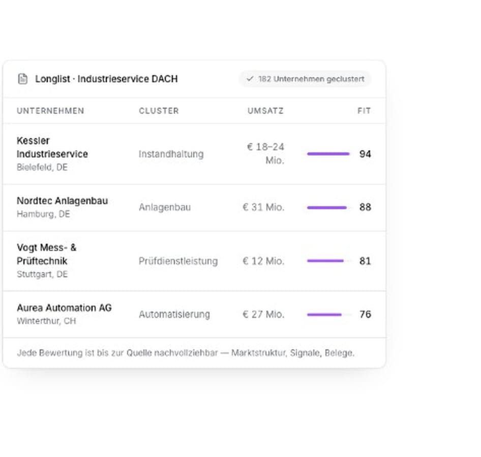 Bewertete Longlist in Researchly mit Fit-Score je Unternehmen